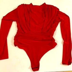 Fashion nova deep red high neck open back broad shoulder thong bodysuit